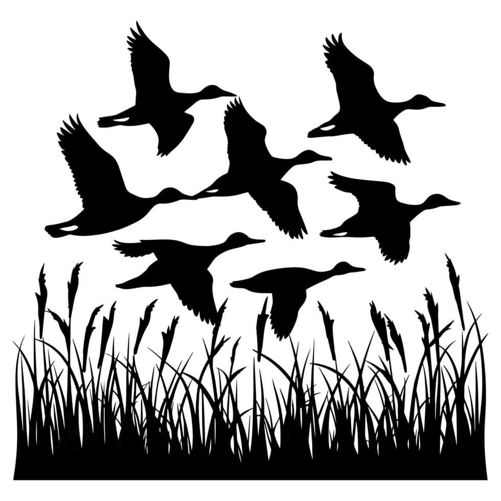 set of flying and landing wild ducks Silhouettes set vector