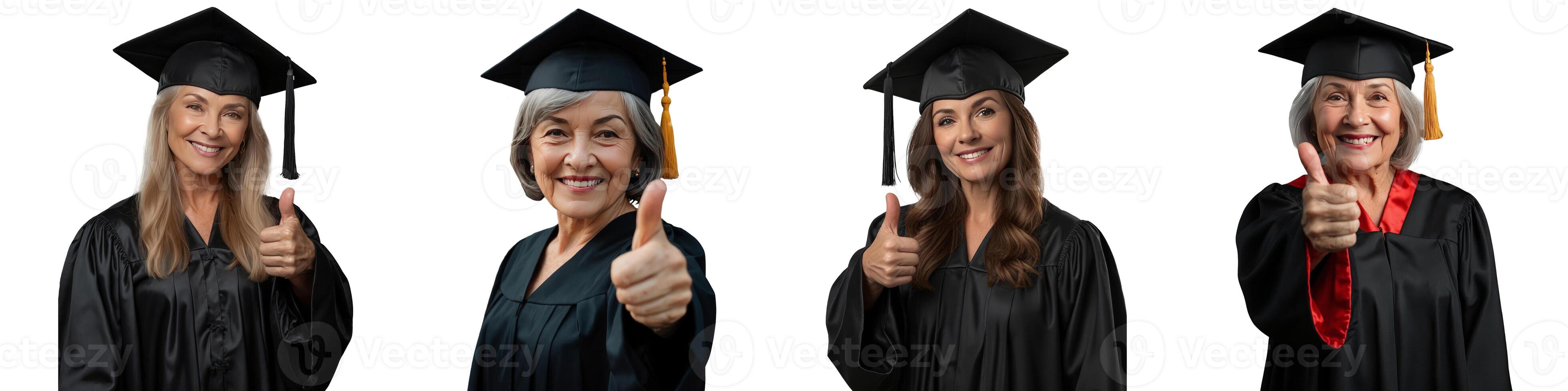 Beautiful woman over 50 in cap and gown for graduation ceremony. Elderly graduate. photo
