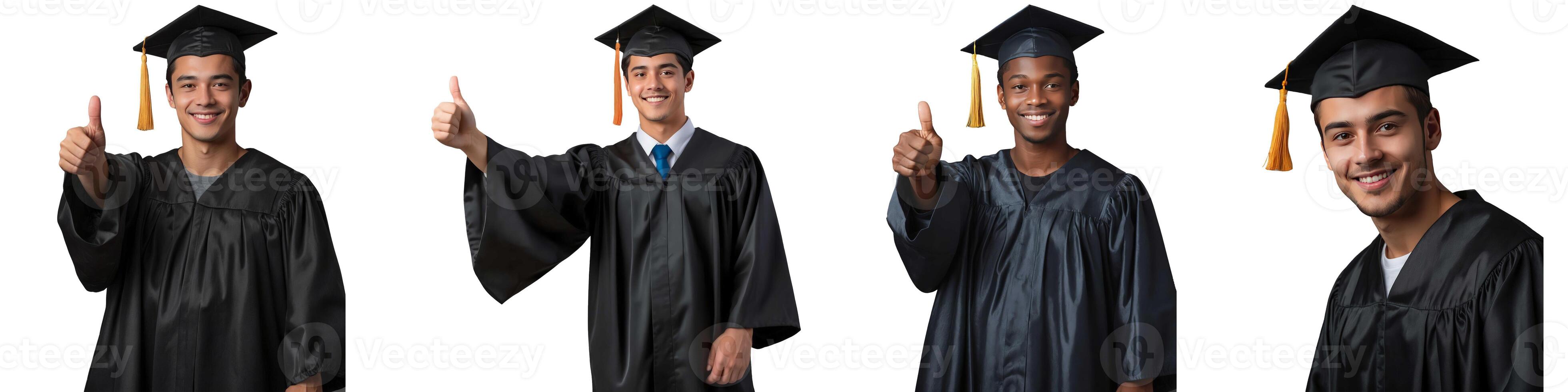 Excited young man in black graduation gown and cap holding a diploma photo