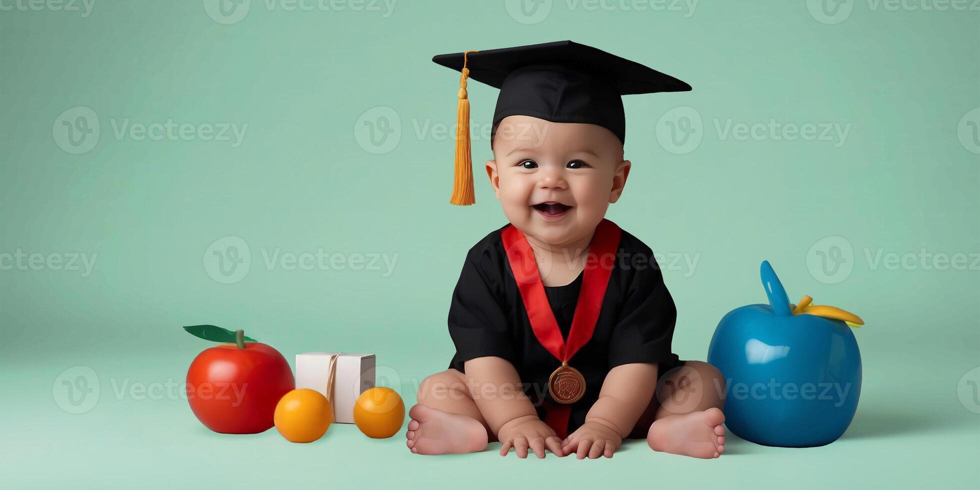 A young baby has on a graduation black cap with a tassel. Use it for a school or education concept. photo