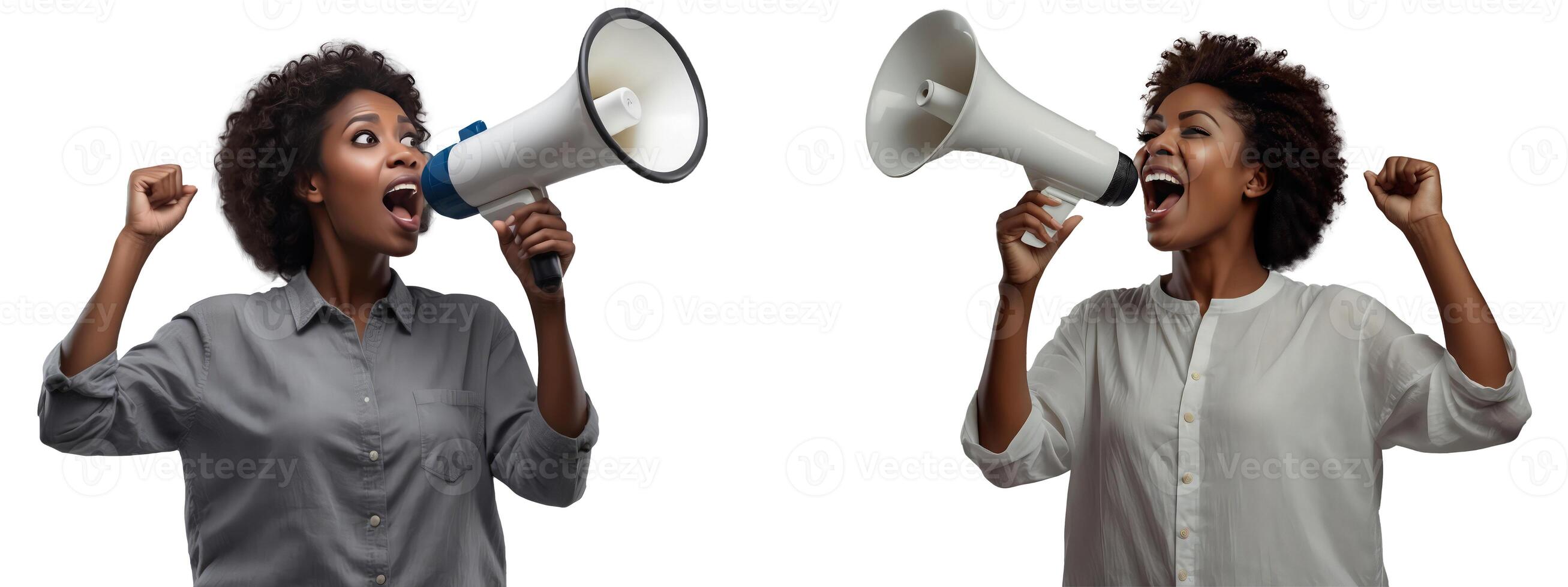 A jubilant happy happy bright young curly haired Latina holds a shout out in a megaphone announcing a discount sale photo