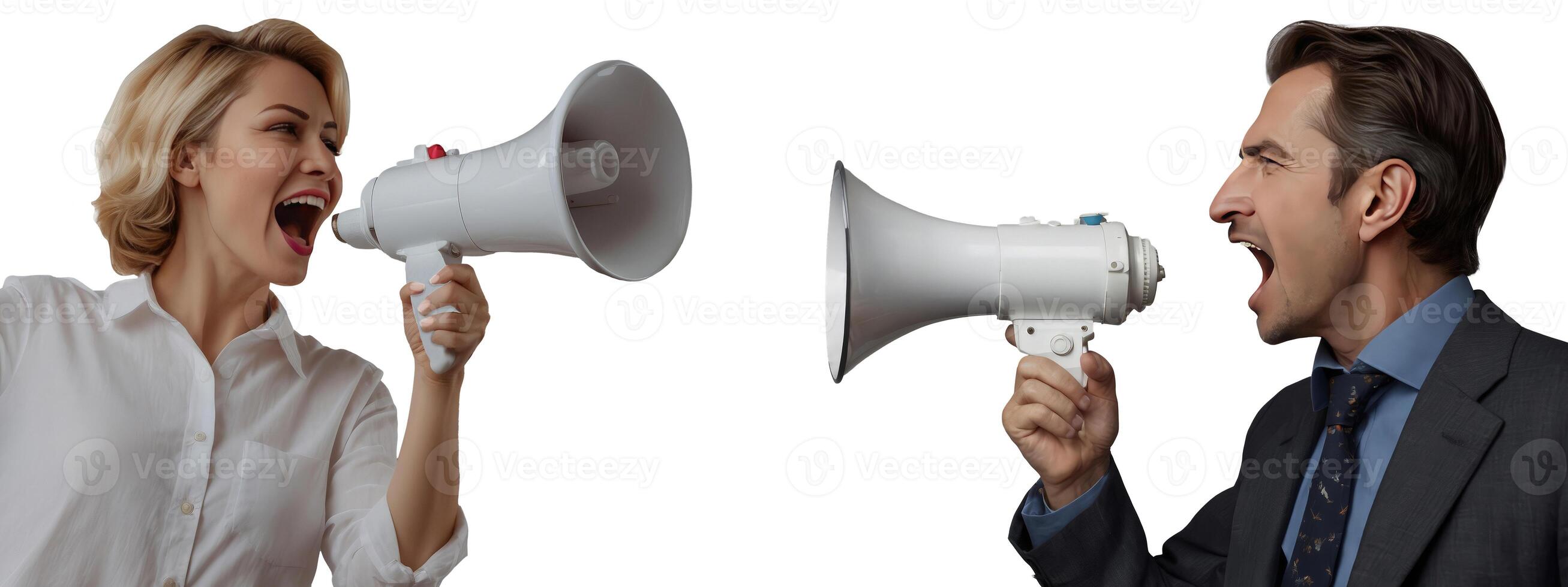 Young woman and man with business attire holding a megaphone and yelling. Concept of conflict photo