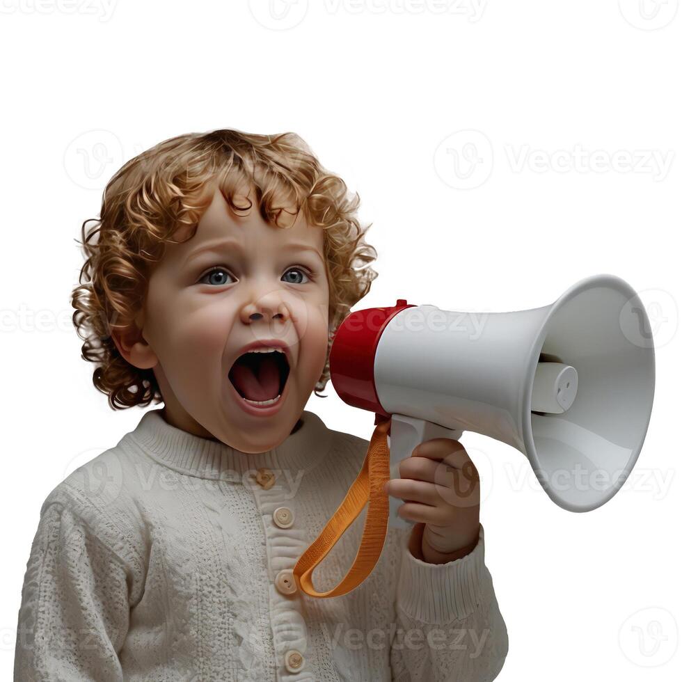 Cute 5 year old boy shouting on megaphone isolated on light blue background with copy space photo