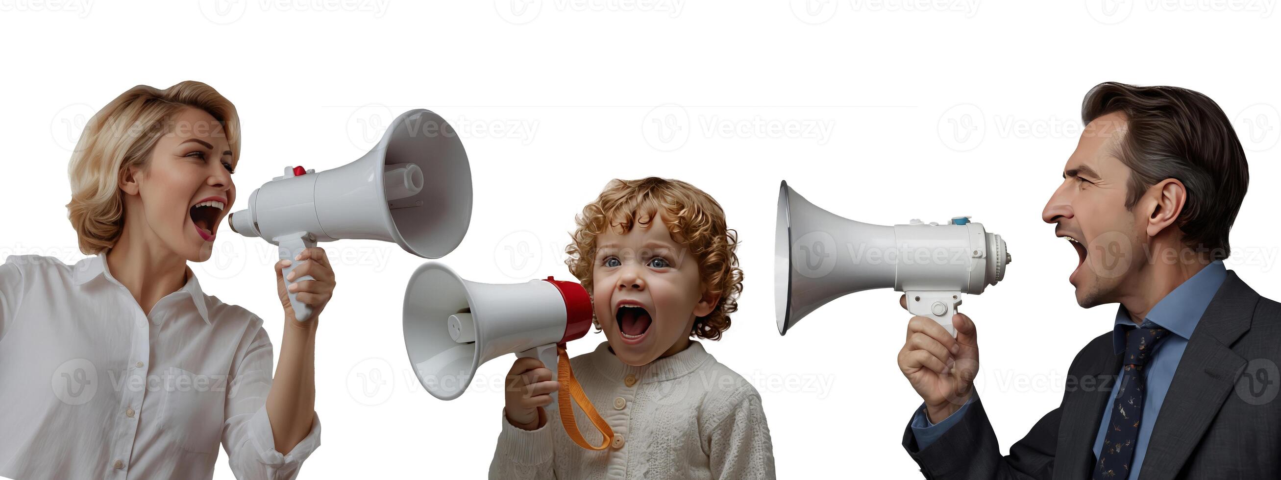 A woman, a child of about 5 years old and a man in business clothes are holding a megaphone and shouting. Concept of conflict. Set of people with megaphones photo