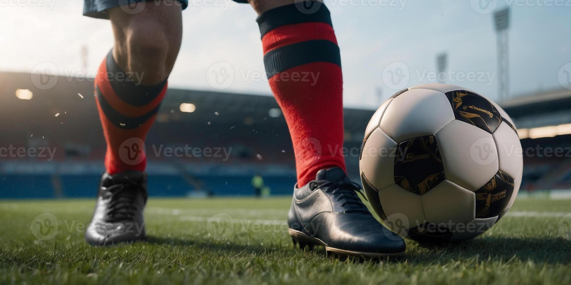 soccer player doing kick with ball on football stadium field isolated on black background photo