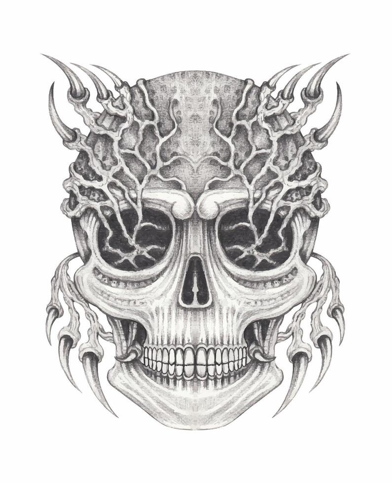 Demon skull tattoo surreal art design by hand drawing on paper vector