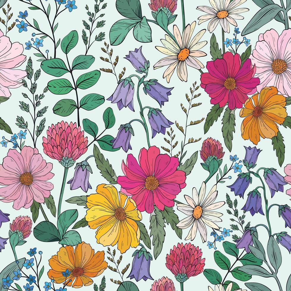 Seamless pattern of different wild herbs and flowers vector