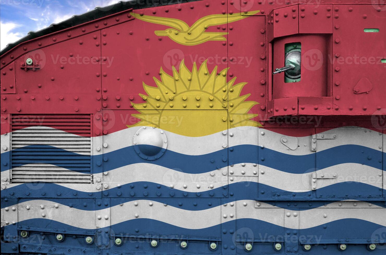 Kiribati flag depicted on side part of military armored tank closeup. Army forces conceptual background photo