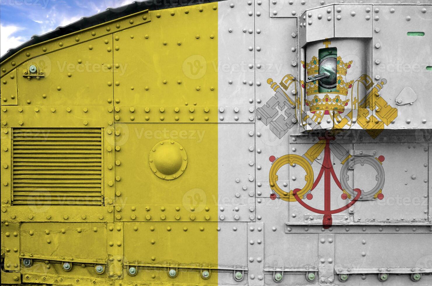 Vatican City State flag depicted on side part of military armored tank closeup. Army forces conceptual background photo