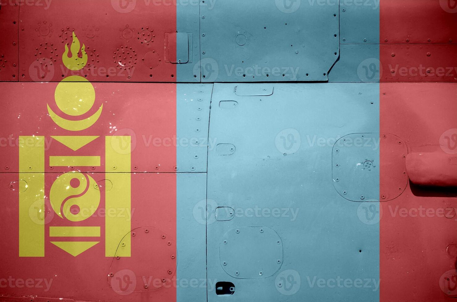 Mongolia flag depicted on side part of military armored helicopter closeup. Army forces aircraft conceptual background photo