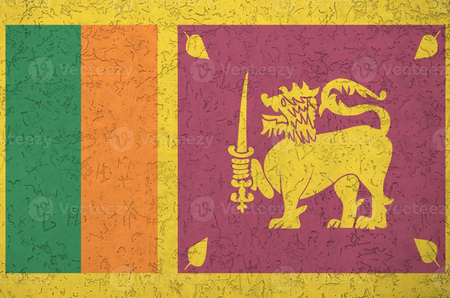 Sri Lanka flag depicted in bright paint colors on old relief plastering wall. Textured banner on rough background photo