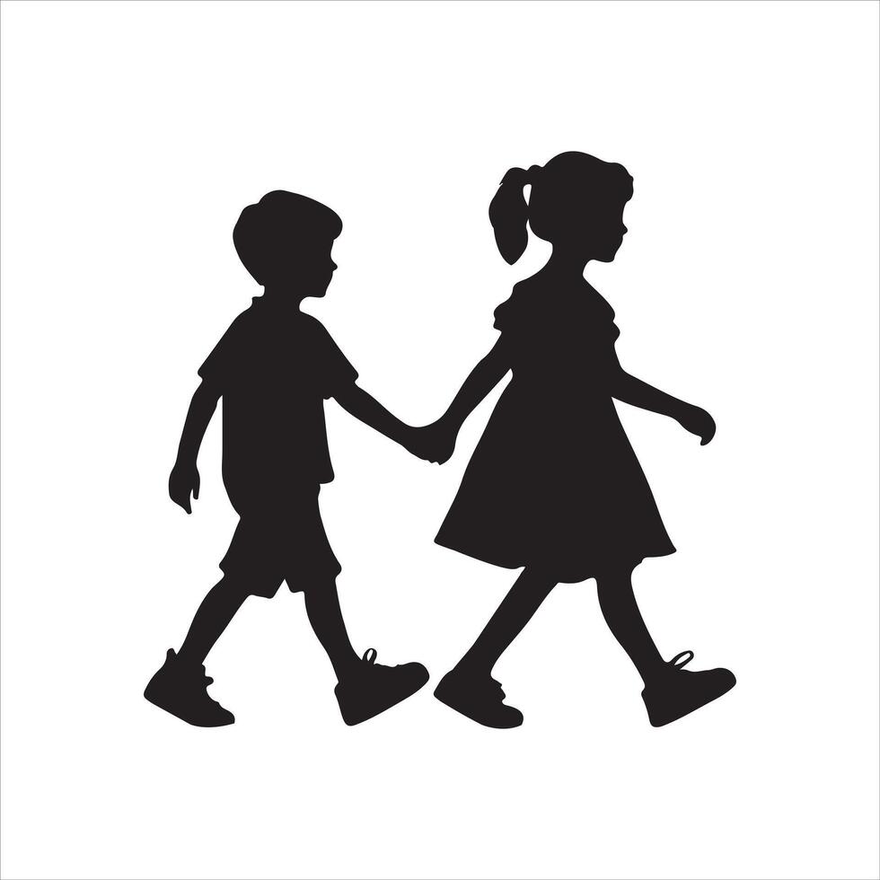 two children walking silhouette vector