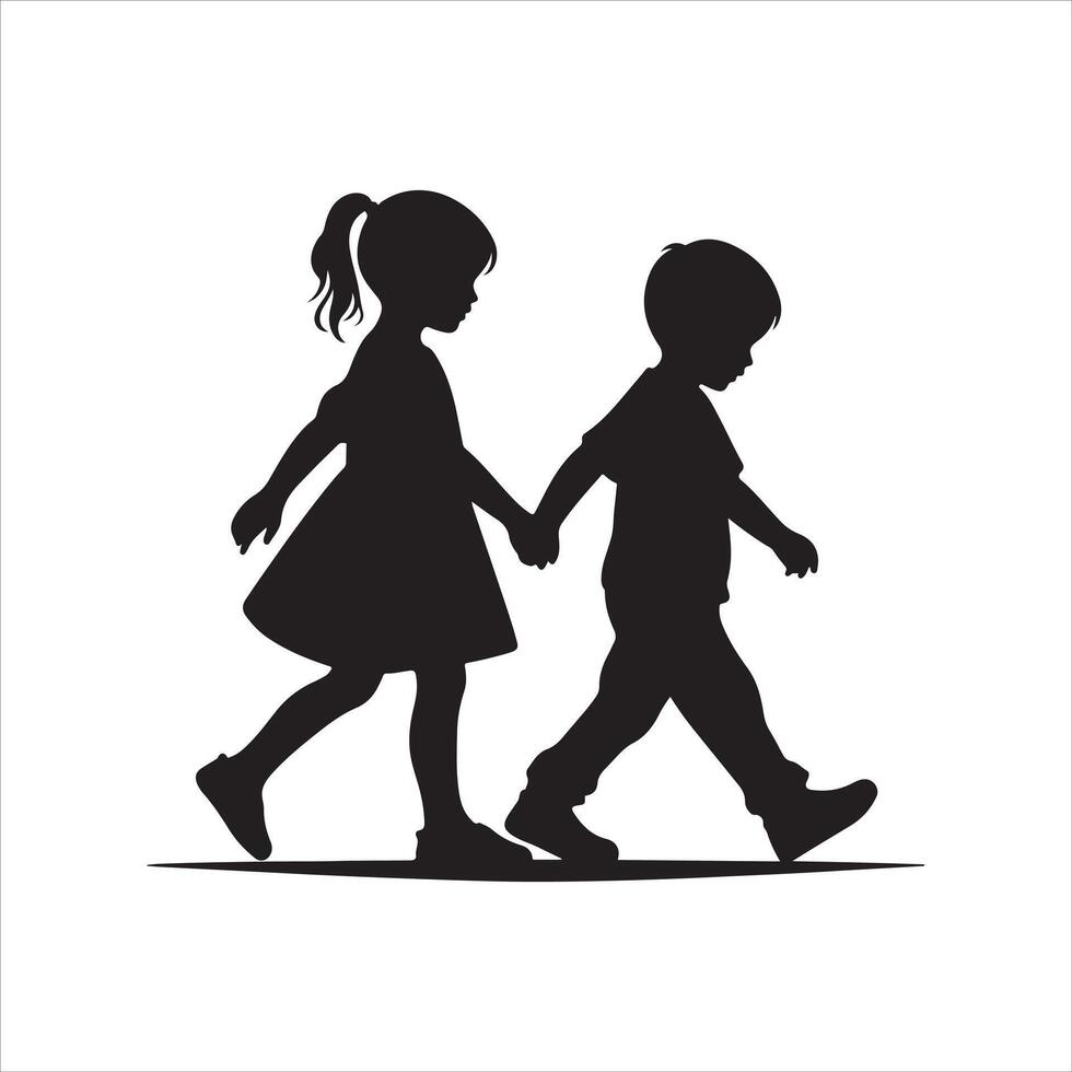 two children walking silhouette vector