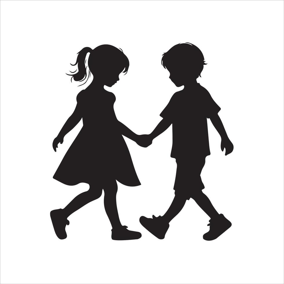 two children walking silhouette vector