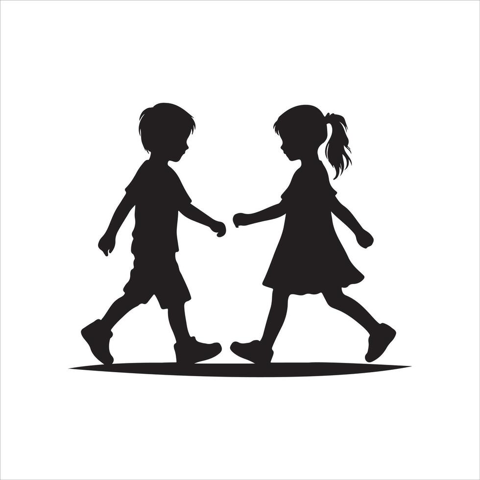 two children walking silhouette vector