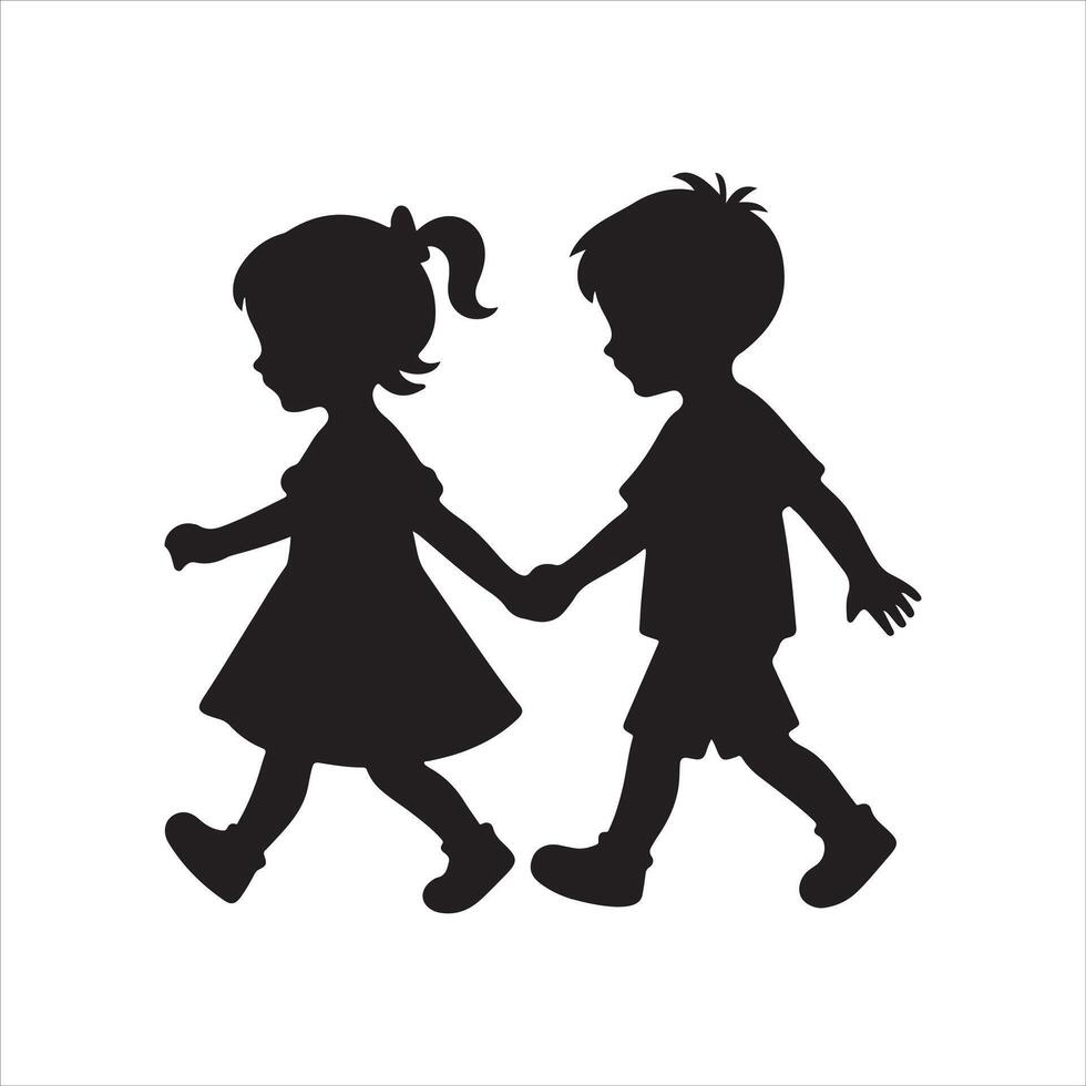 two children walking silhouette vector