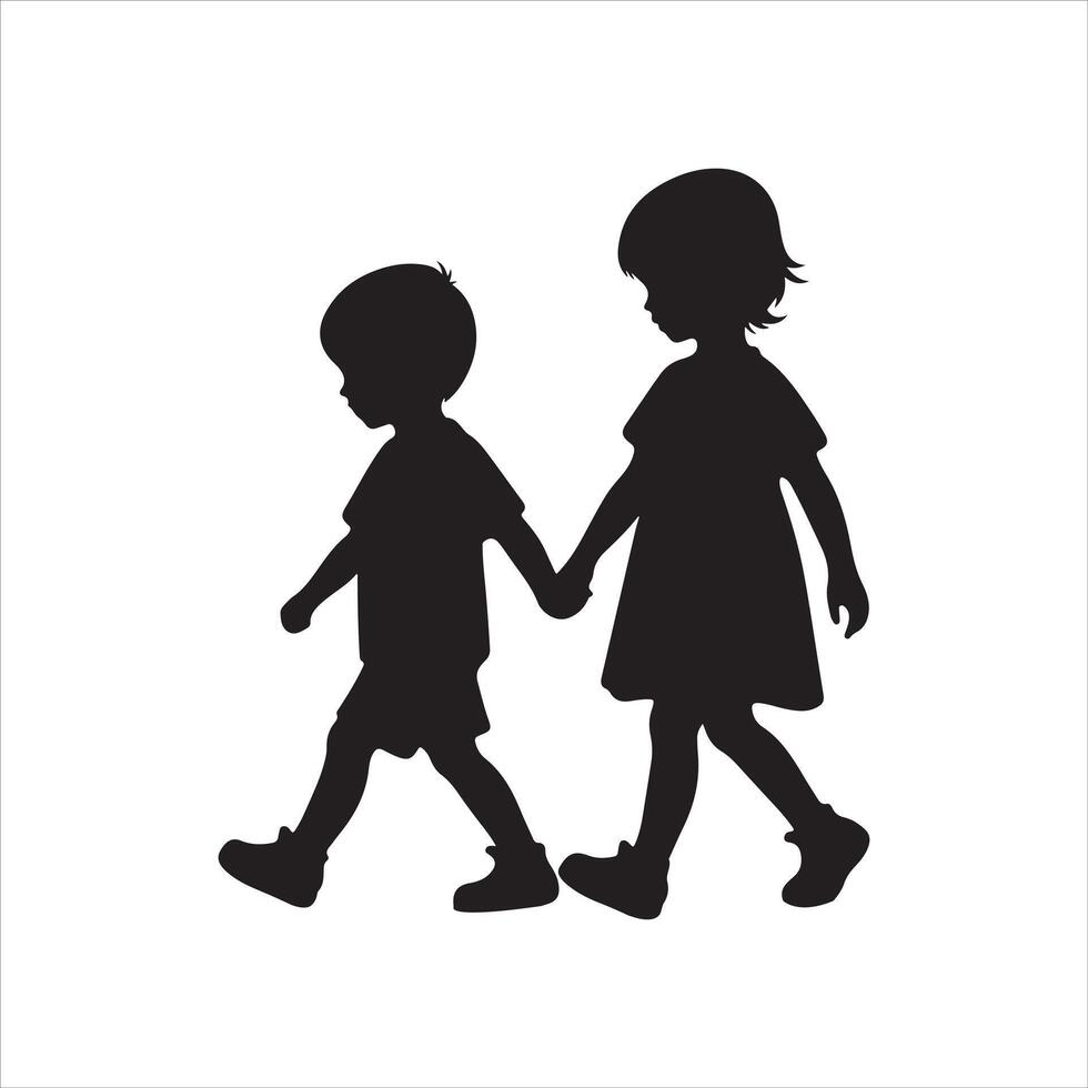 two children walking silhouette vector