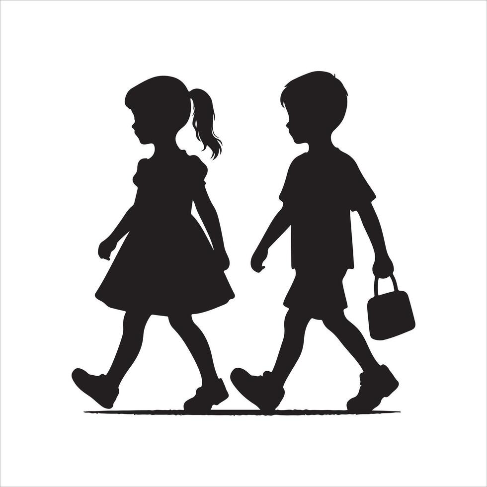 two children walking silhouette vector