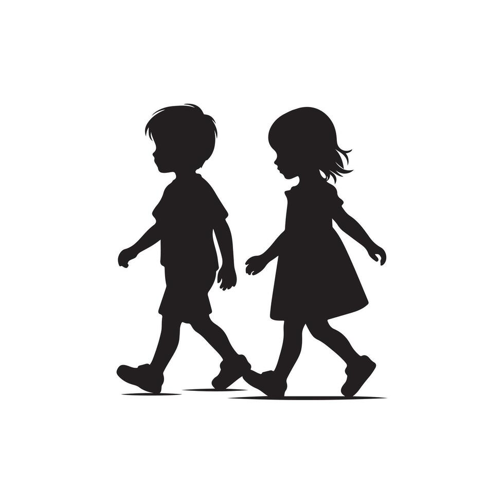 two children walking silhouette vector