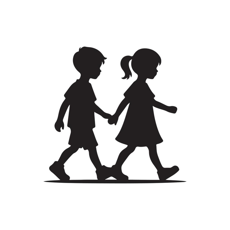 two children walking silhouette vector