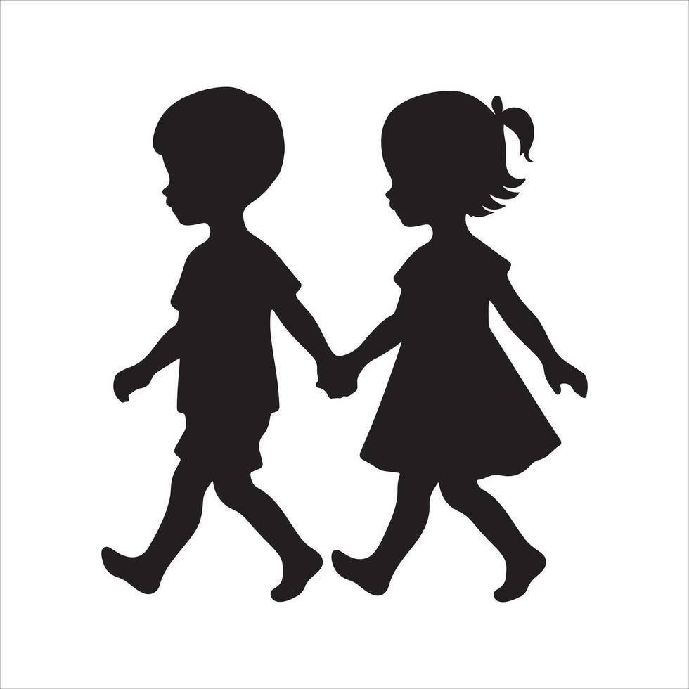 two children walking silhouette vector