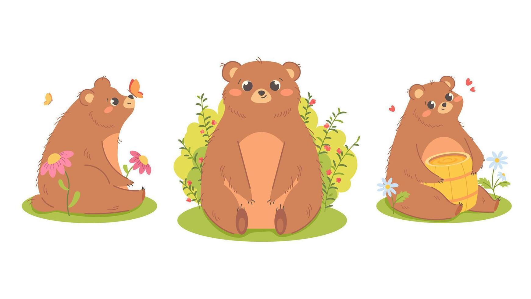 Set of cute cartoon bears for kids. Bear with barrel of honey, bear with butterfly on nose, sleeping bear, bear with raspberry bush. illustration vector