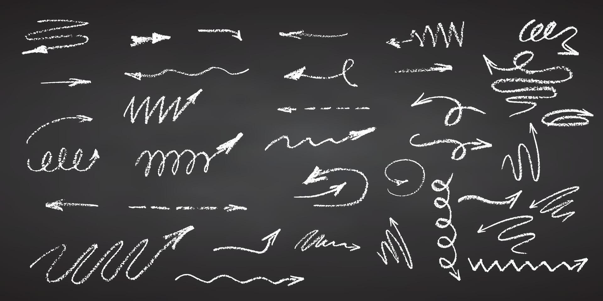 Charcoal pencil hand drawing curly arrows Swishes, swashes, swoops, swooshes, scribbles and squiggles White chalk elements on chalkboard Grunge chalk crayon doodles texture strokes illustration vector