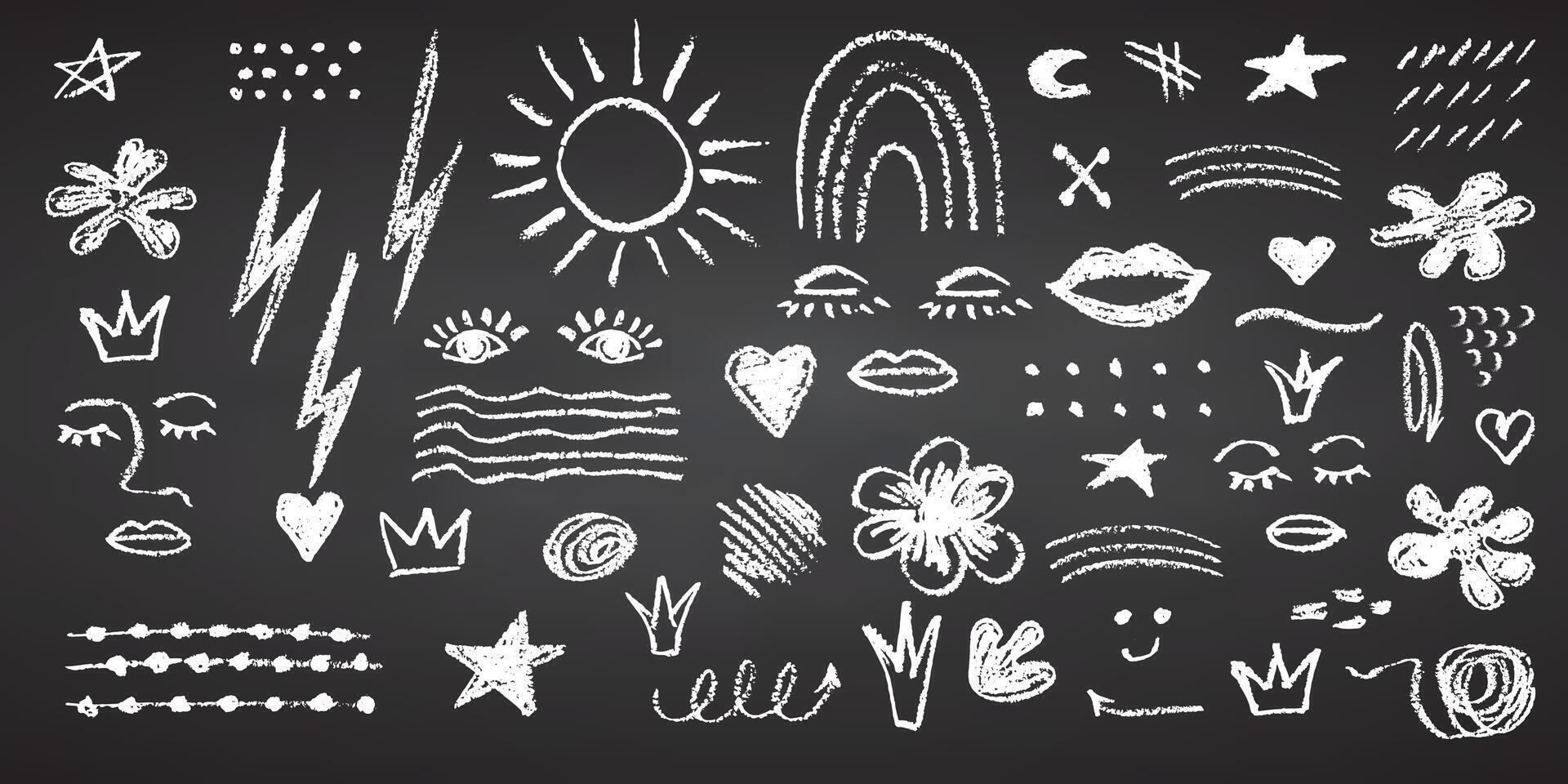 Charcoal pencil hand drawing curly groovy shapes, splash and squiggles. White chalk elements on black chalkboard Grunge chalk crayon scribbles doodles texture Rough crayon stroke illustration vector