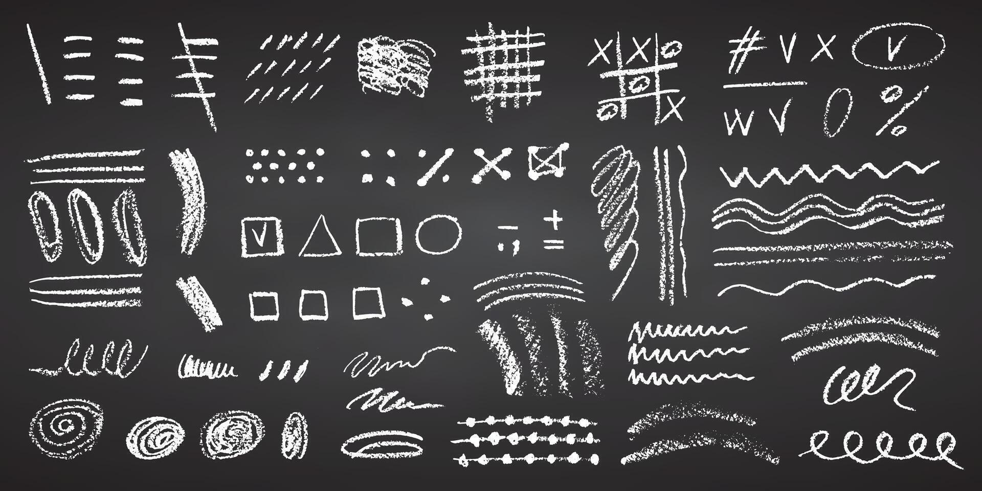 Charcoal pencil hand drawing curly lines, splash, squiggles and shapes. White chalk elements on black chalkboard Grunge chalk crayon scribbles doodles textures Rough crayon strokes illustration vector