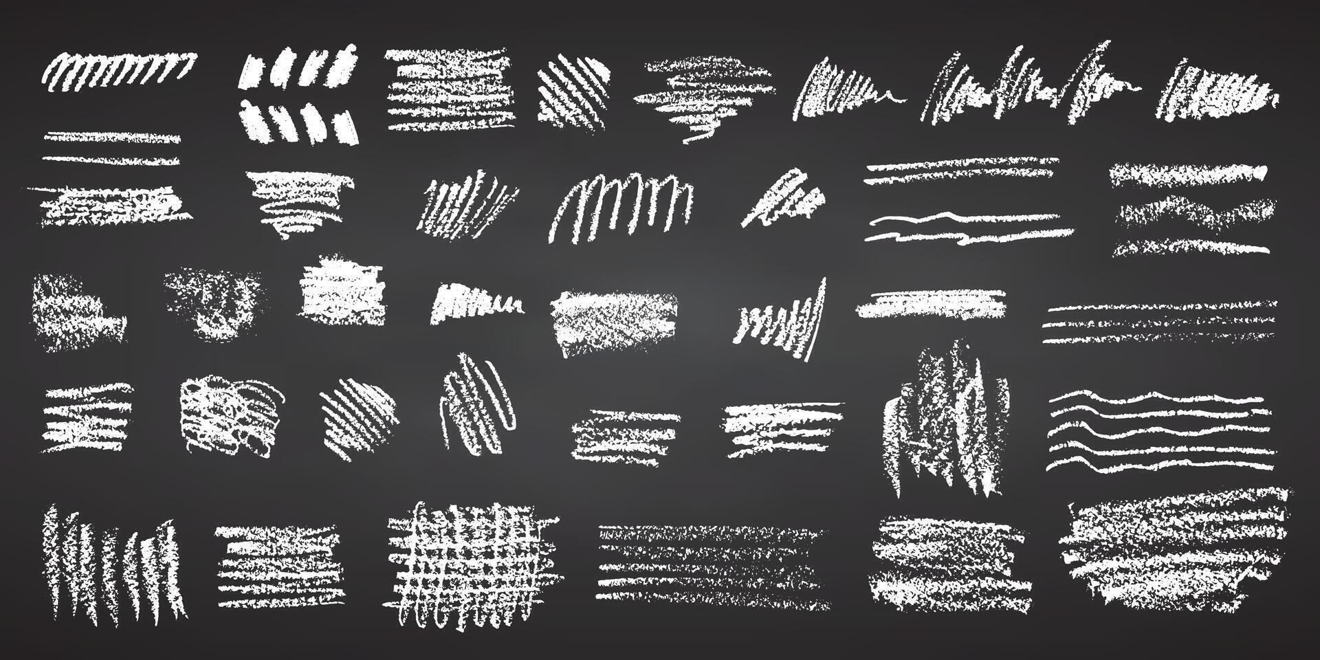 Charcoal pencil hand drawing curly lines, splash, squiggles and shapes. White chalk elements Black chalkboard Grunge chalk crayon scribbles doodles textures. Rough crayon strokes. illustration vector