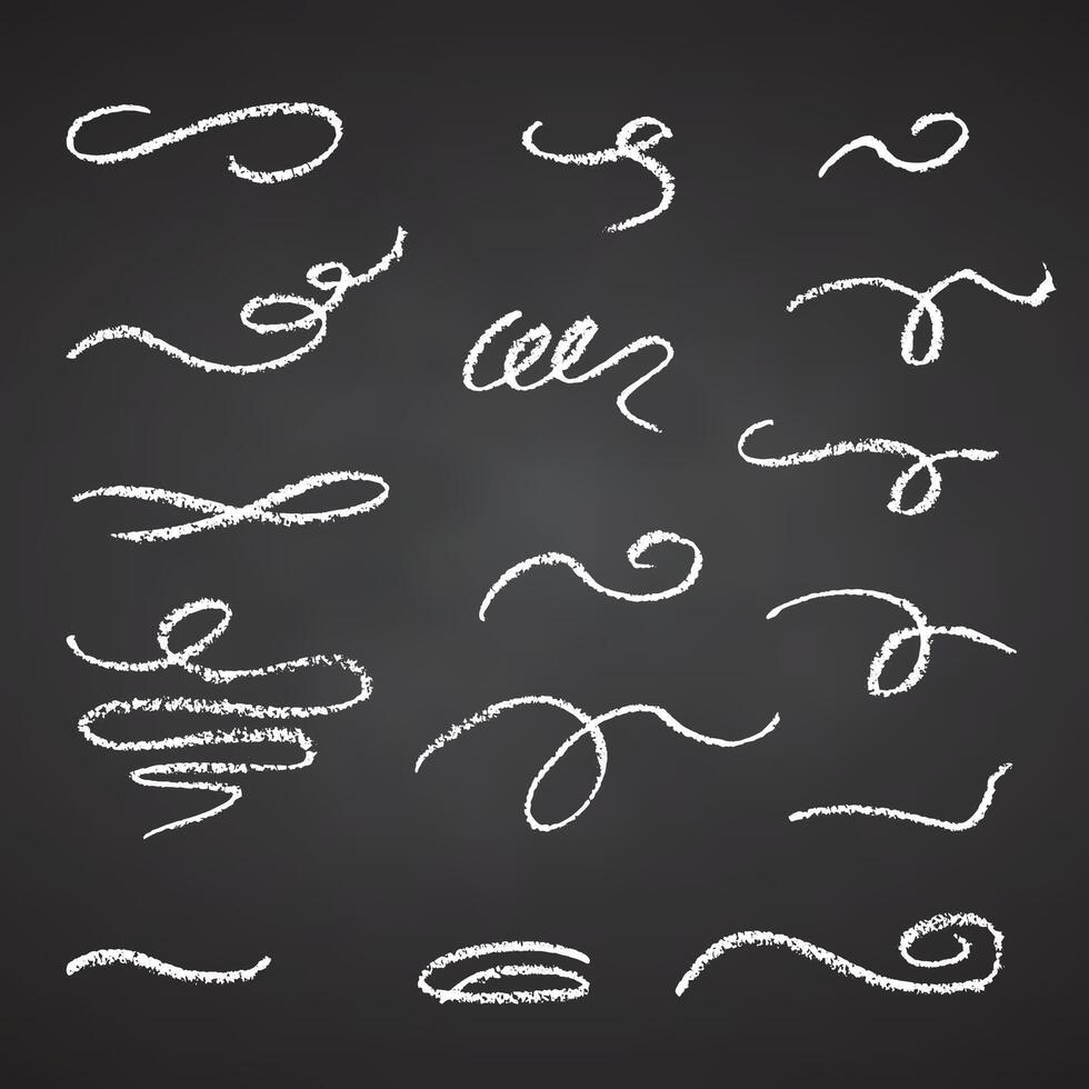 Charcoal pencil hand drawing curly lines. Swishes, swashes, swoops, swooshes, scribbles and squiggles White chalk elements on Black chalkboard Grunge crayon doodles texture stroke illustration vector