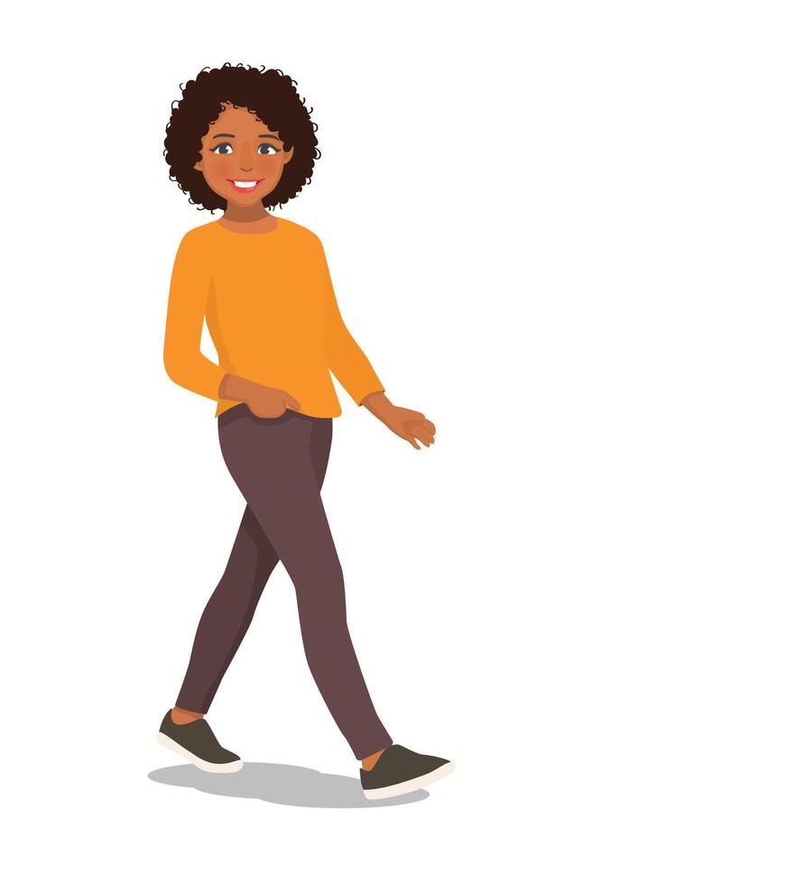 Beautiful young African woman walking forward with hand in the pocket and smiling expression vector