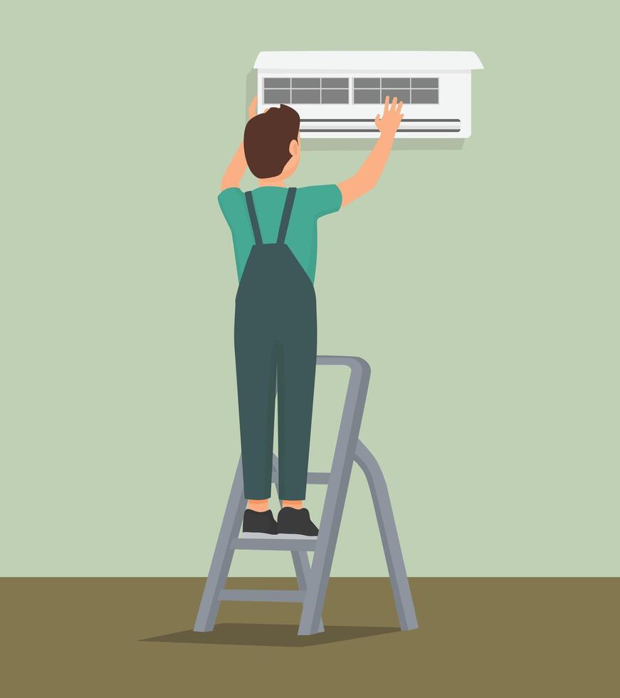 Technician service man repairing and cleaning Air Conditioning on the wall vector