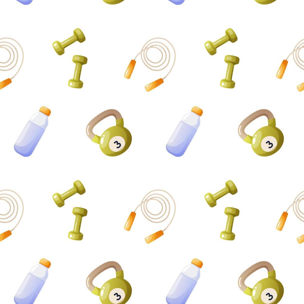 Seamless pattern on a white background dumbbells, jump rope, kettlebell, water in a bottle. Fitness equipment. Illustration for wallpaper, textiles, packaging on the theme of a sports lifestyle. vector