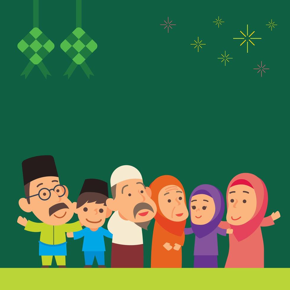 Eid Mubarak Hari Raya Aidilfitri greeting card empty space with Muslim family together cartoon illustration vector