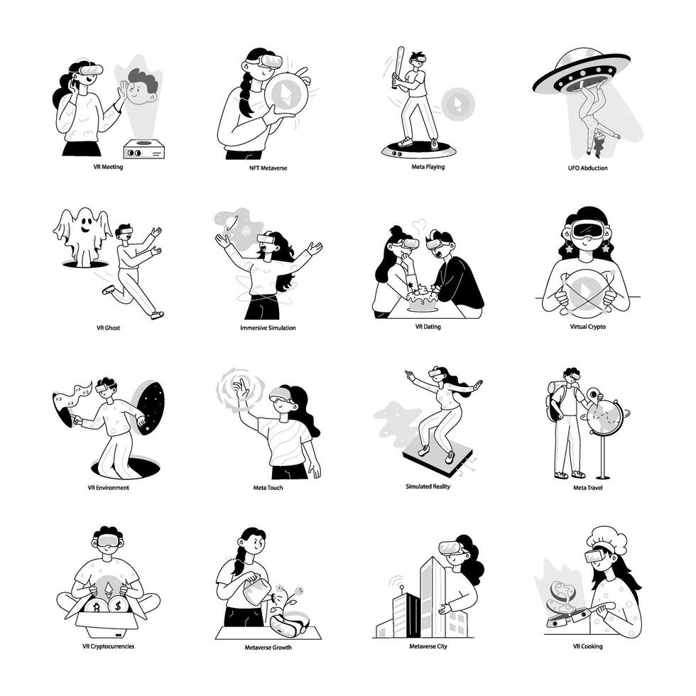 Latest Pack of Virtual Reality Doodle Mini Illustrations vector