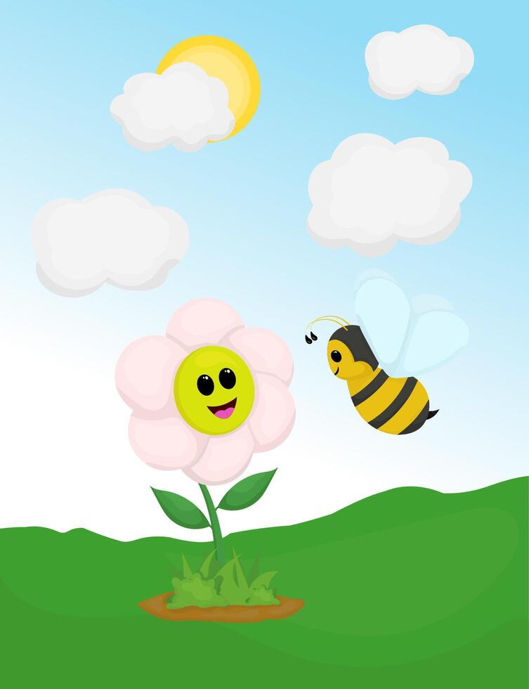 cartoon honey bee and flower in the grass field with a cloudy blue sky as a background vector