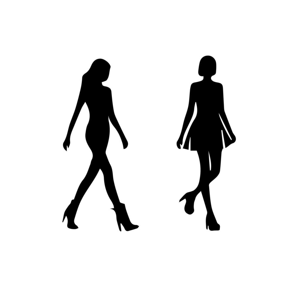 silhouettes of women standing and walking business people, black color isolated on white background vector