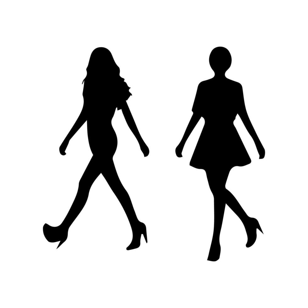 silhouettes of women standing and walking business people, black color isolated on white background vector