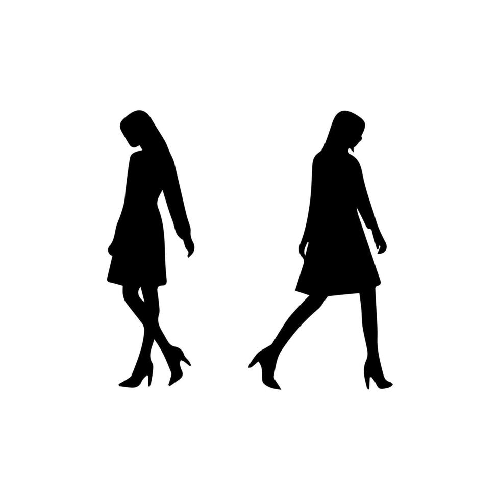 silhouettes of women standing and walking business people, black color isolated on white background vector