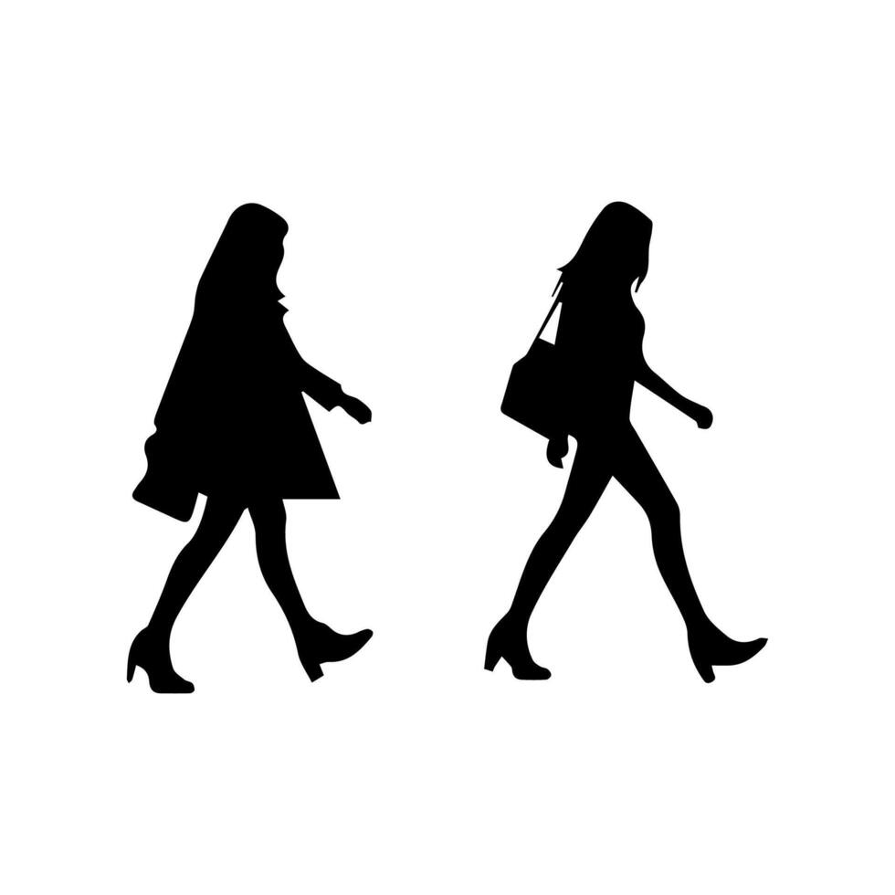 silhouettes of women standing and walking business people, black color isolated on white background vector