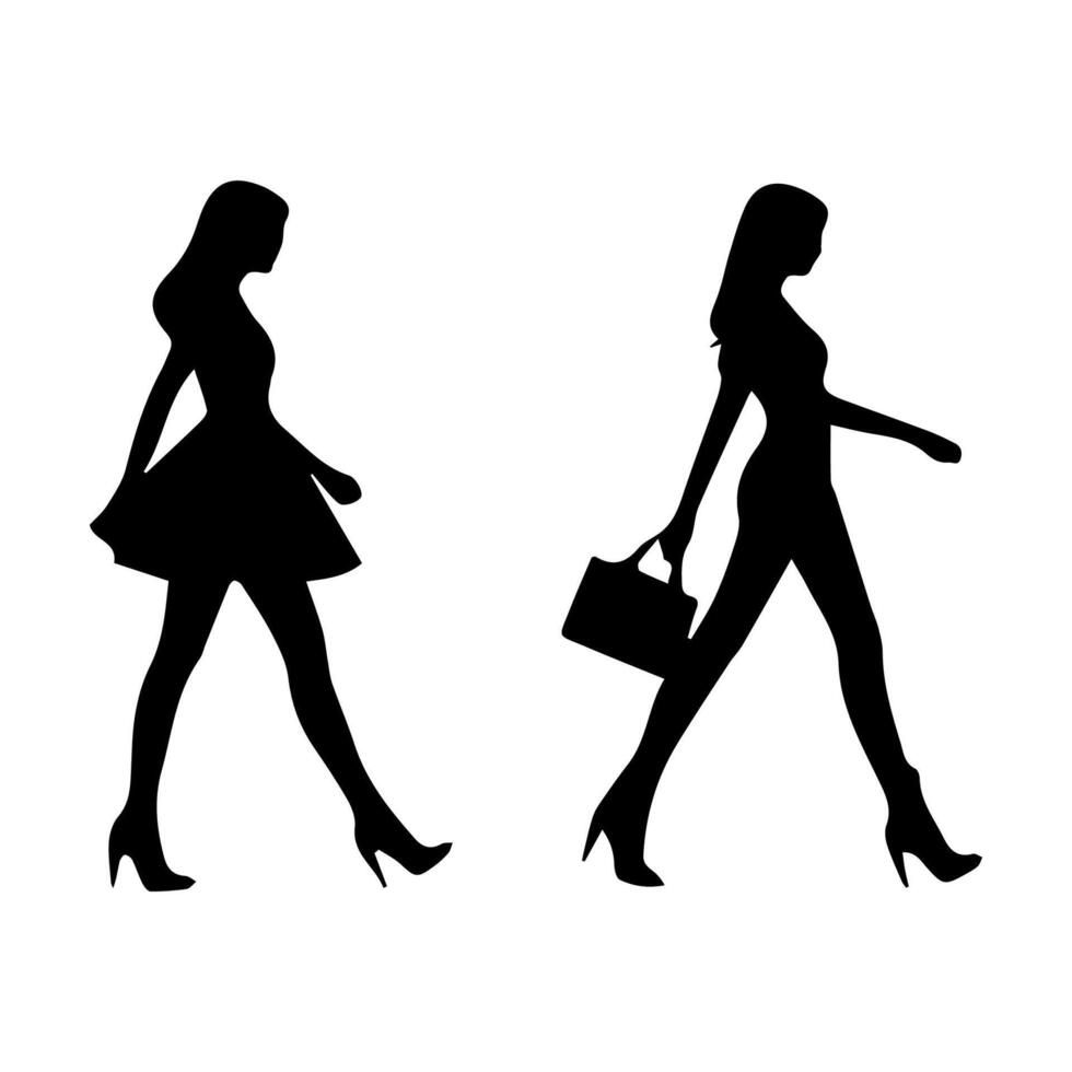 silhouettes of women standing and walking business people, black color isolated on white background vector