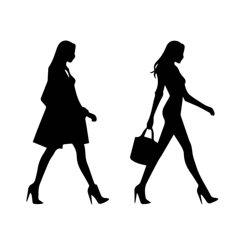 silhouettes of women standing and walking business people, black color isolated on white background vector