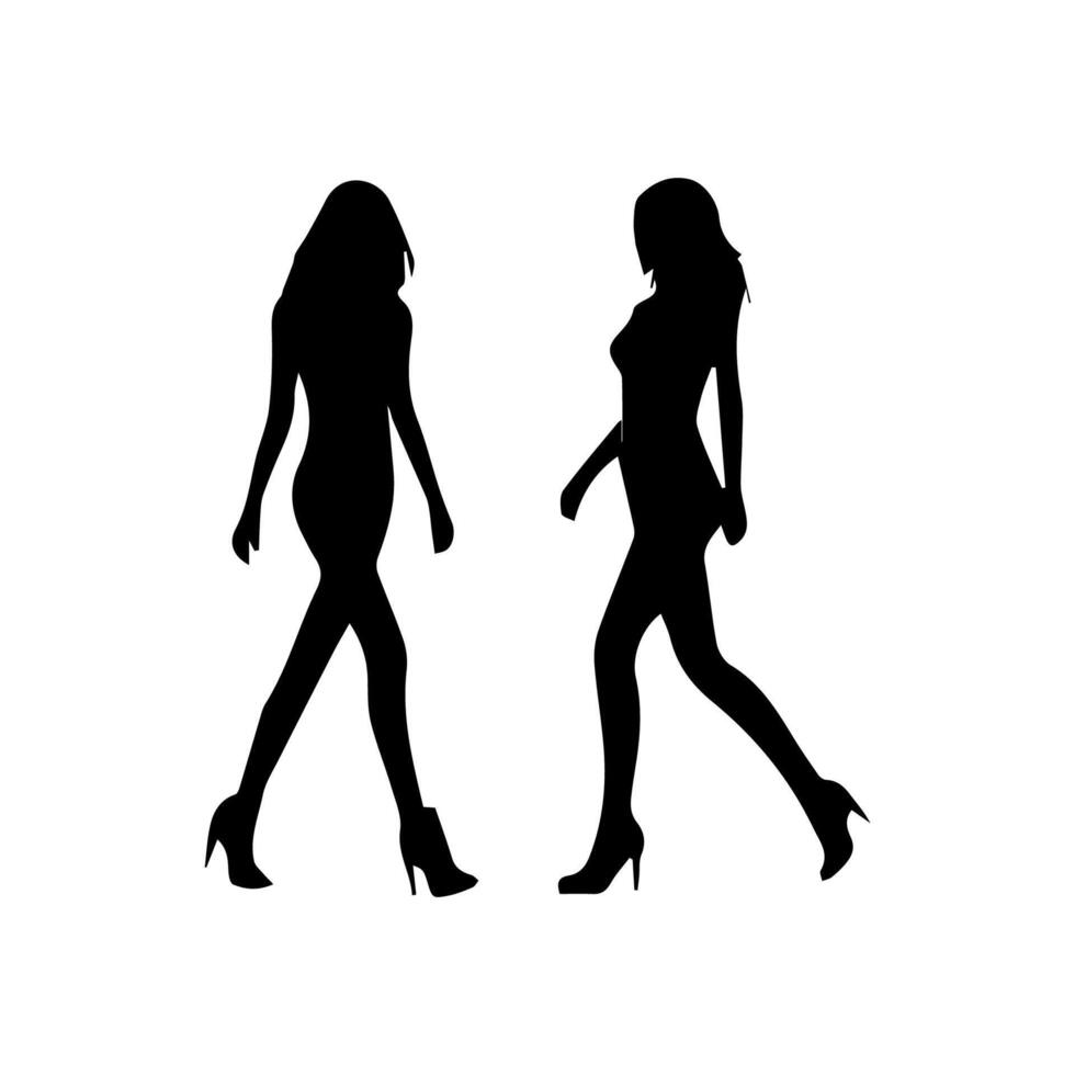 silhouettes of women standing and walking business people, black color isolated on white background vector