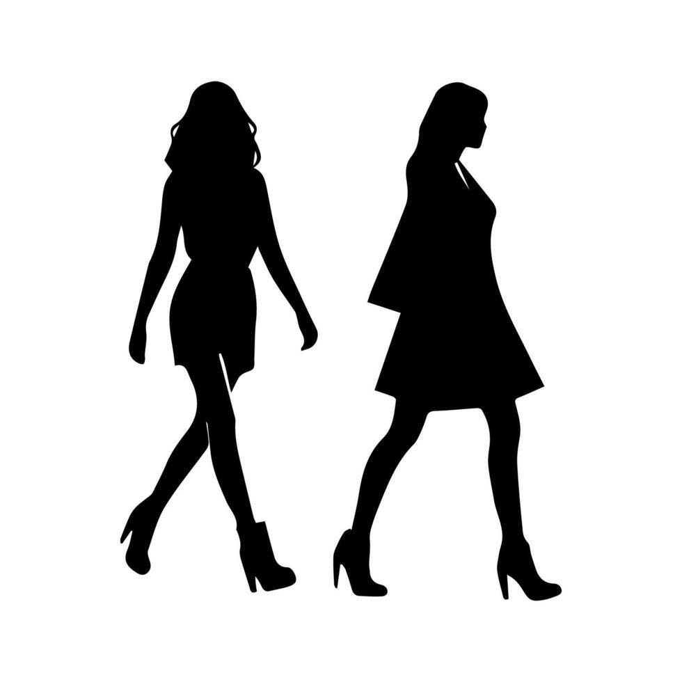 silhouettes of women standing and walking business people, black color isolated on white background vector