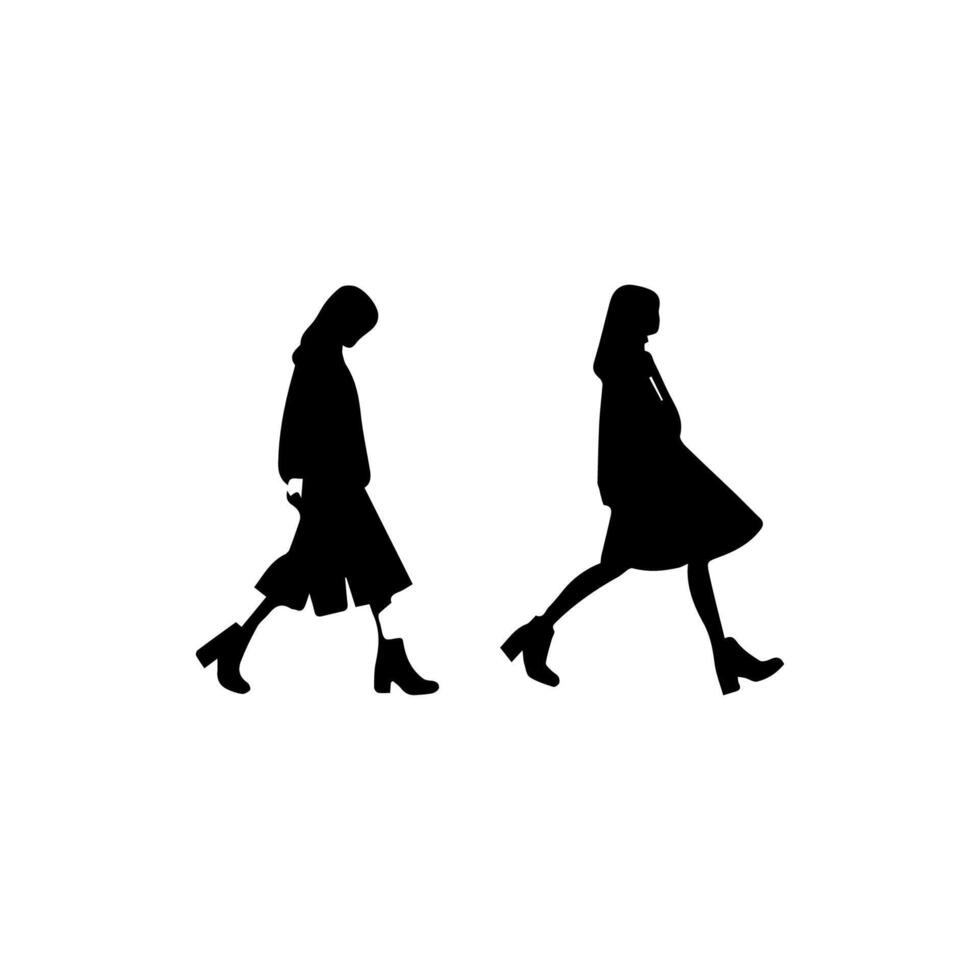 silhouettes of women standing and walking business people, black color isolated on white background vector