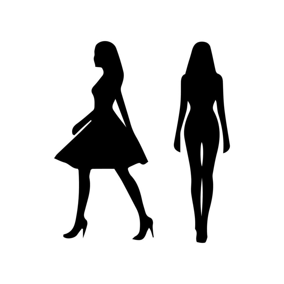 silhouettes of women standing and walking business people, black color isolated on white background vector