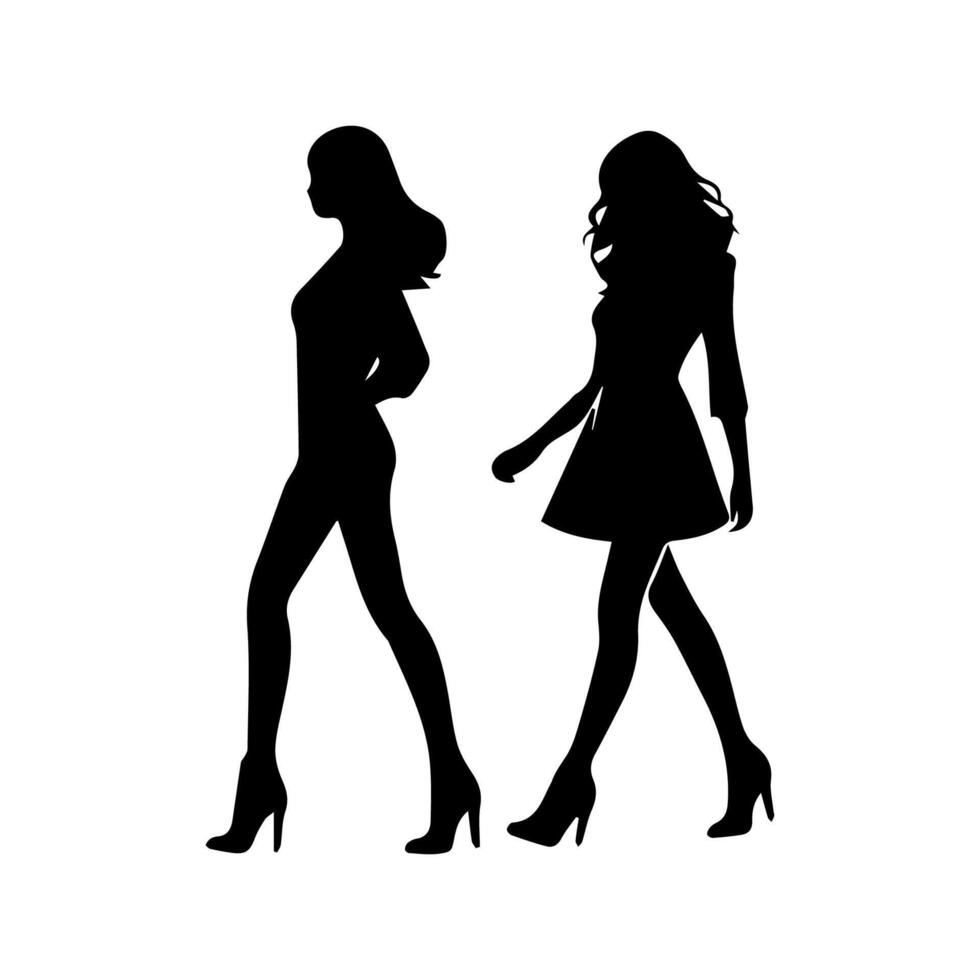 silhouettes of women standing and walking business people, black color isolated on white background vector