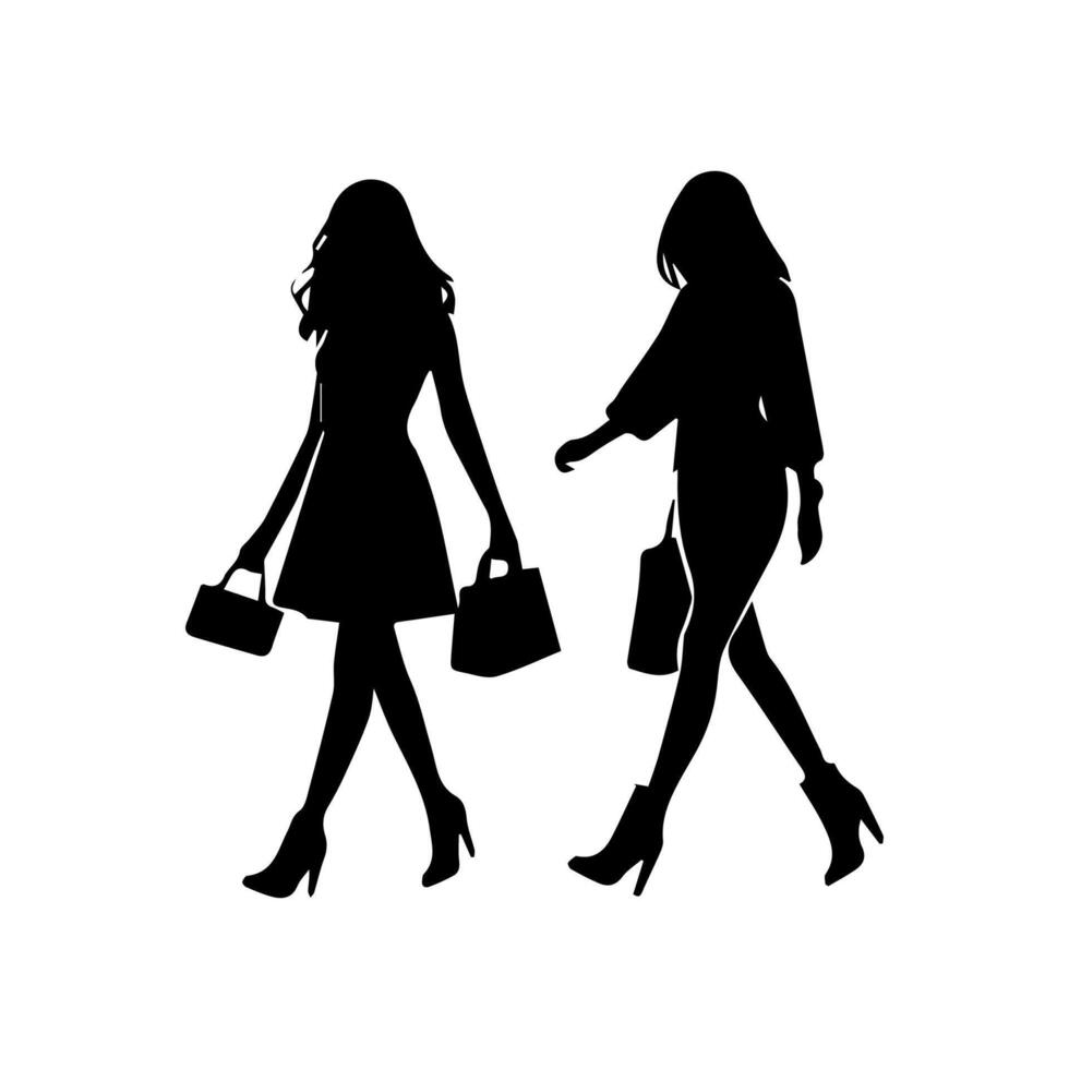 silhouettes of women standing and walking business people, black color isolated on white background vector