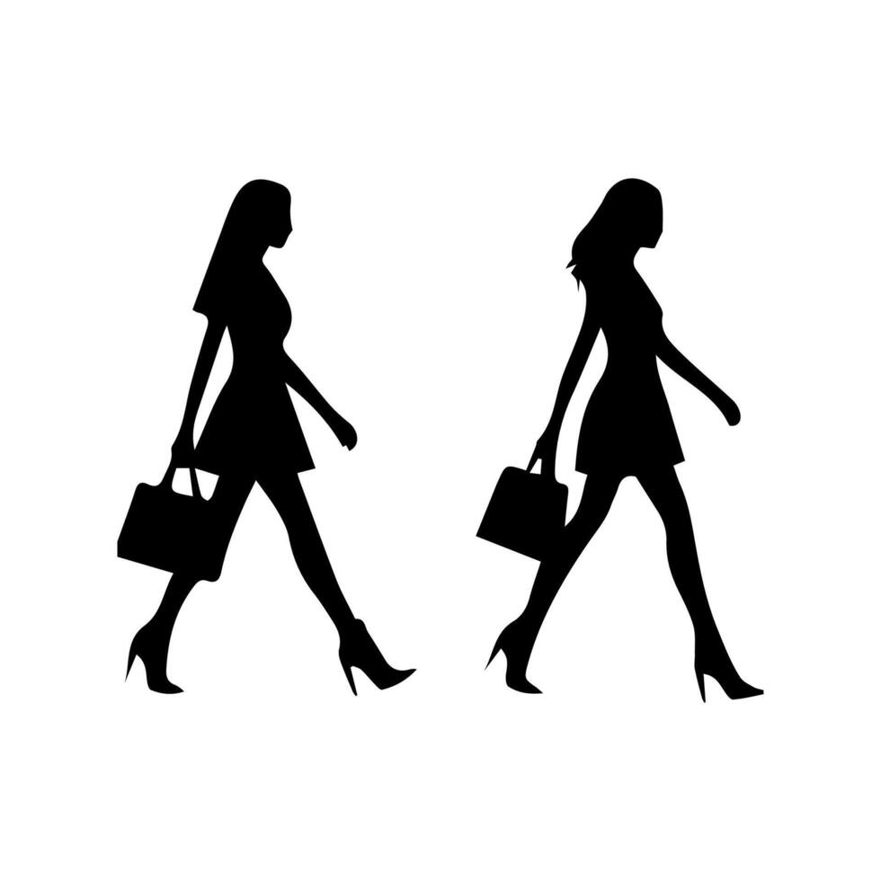 silhouettes of women standing and walking business people, black color isolated on white background vector